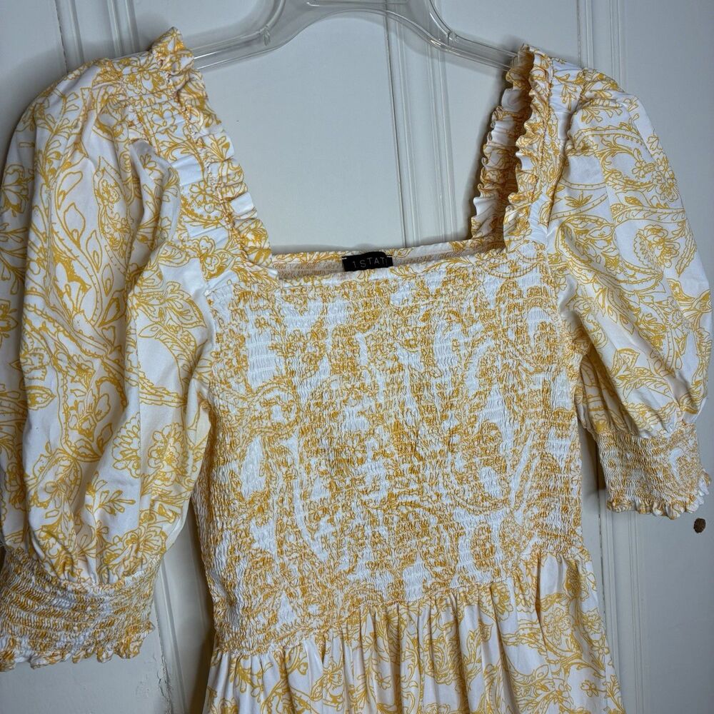 Smocked 100% Cotton Dress Size Large Yellow Floral Puff Sleeve Garden Cottage - Picture 3 of 6